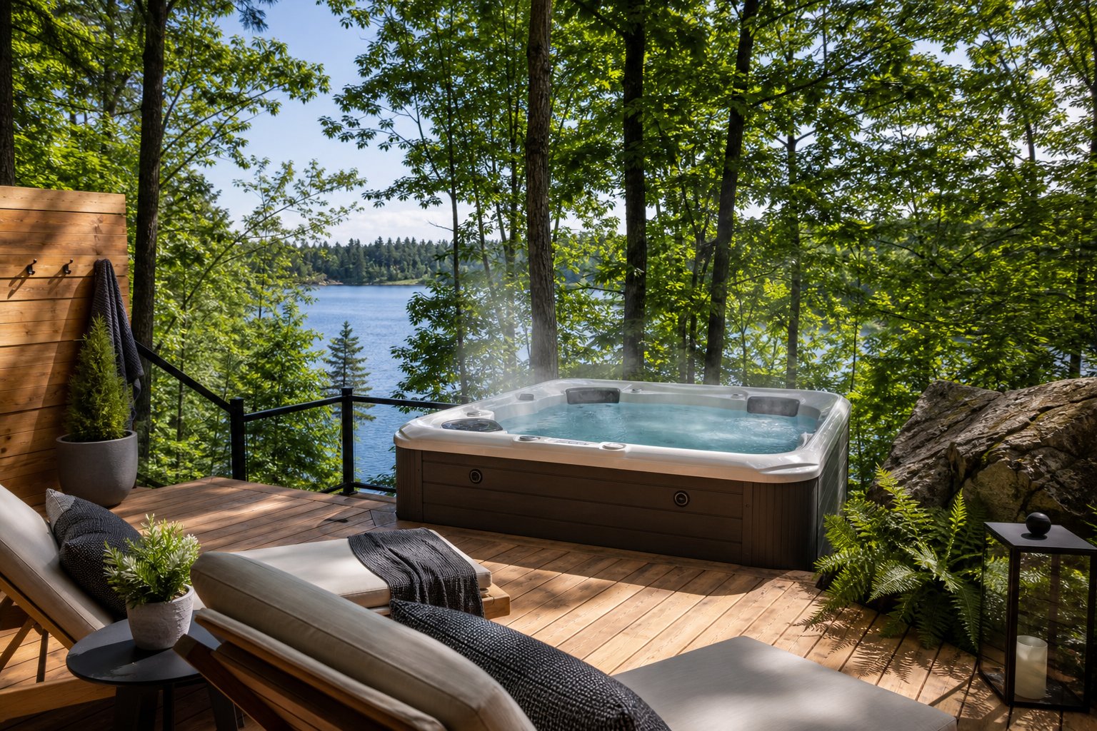 Outdoor private spa with a hot tub on a wooden deck surrounded by trees and a lake in the background.