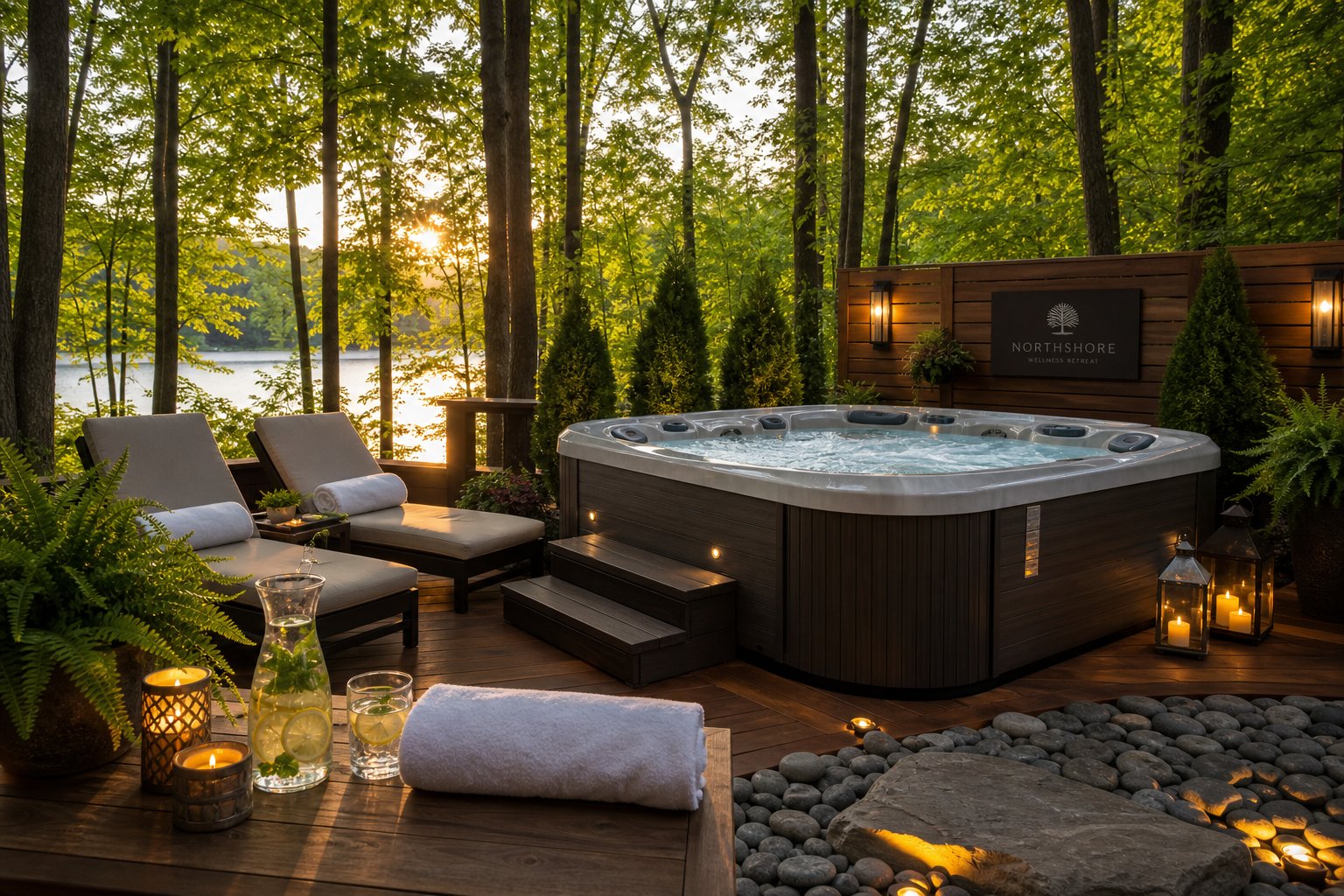 A peaceful outdoor private spa area with a hot tub, surrounded by trees and greenery, featuring lounge chairs and soft lighting.