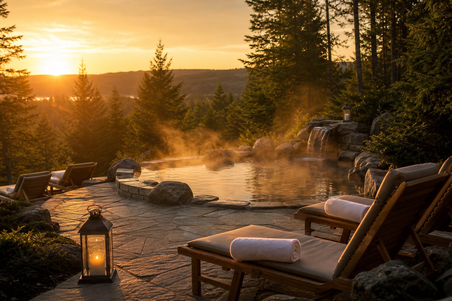 An outdoor private thermal spa surrounded by trees and hills with steam rising from the water and lounge chairs nearby.