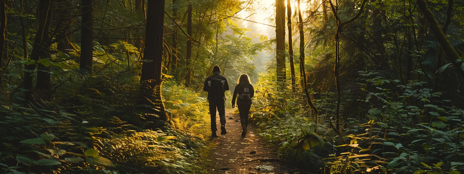 aspiring mental health professionals walking through a serene forest trail.