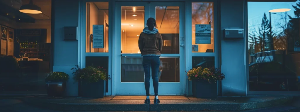 a person standing outside a welcoming therapy office, looking anxious but hopeful.