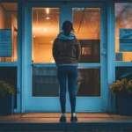 a person standing outside a welcoming therapy office, looking anxious but hopeful.