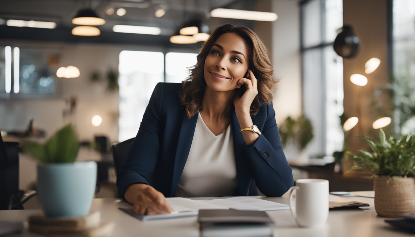 A woman sits in a cozy office, chatting with a life coach. The coach listens attentively, offering guidance and support. A vision board and affirmations decorate the walls, creating a positive atmosphere