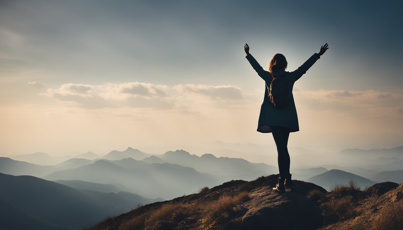 A woman's silhouette standing on a mountain peak, reaching towards the sky with a sense of determination and empowerment