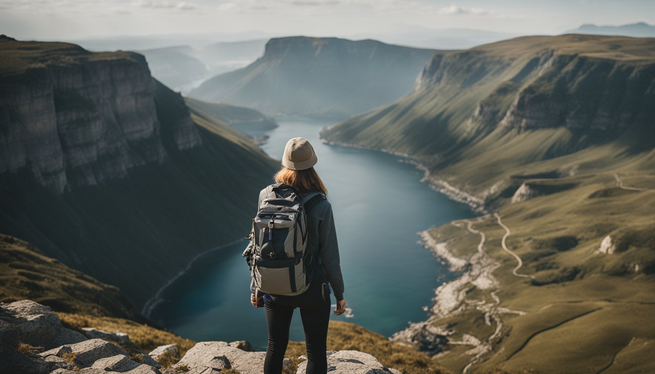 A woman standing at the edge of a cliff, looking out at a vast, challenging landscape. She holds a map and compass, determined to navigate the obstacles ahead