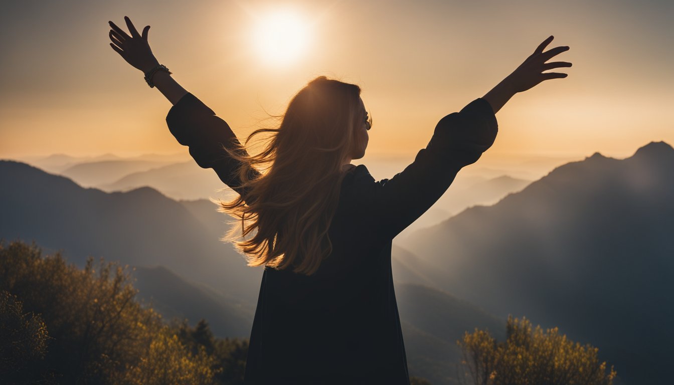 A woman's silhouette standing on a mountaintop, arms raised in triumph, surrounded by a glowing aura of confidence and empowerment