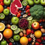 A colorful array of fruits, vegetables, nuts, and seeds arranged in a dynamic and eye-catching composition
