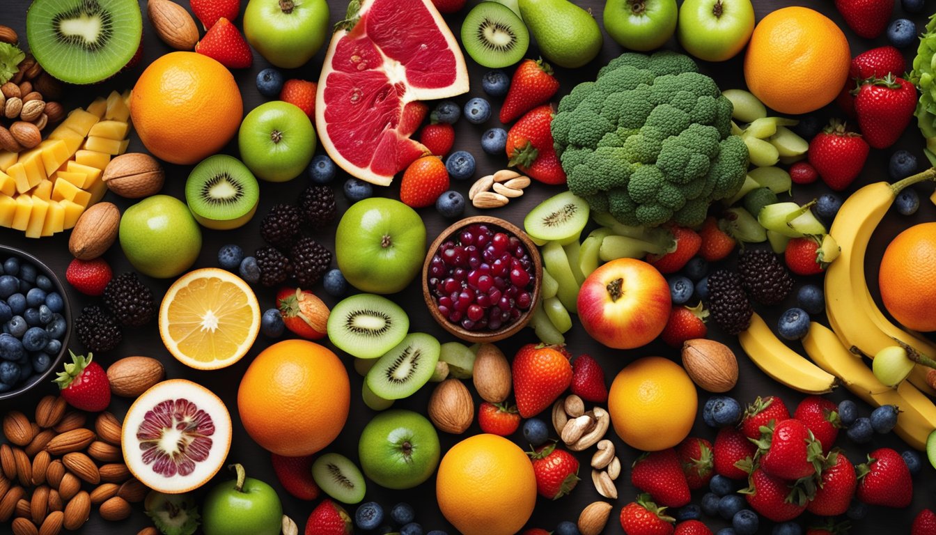 A colorful array of fruits, vegetables, nuts, and seeds arranged in a dynamic and eye-catching composition