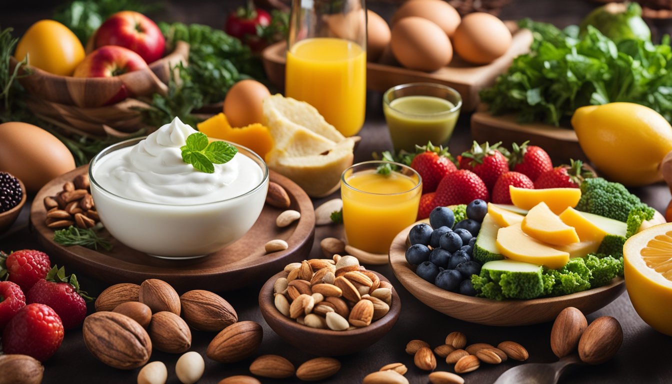 A table set with a variety of protein-rich breakfast foods, including eggs, yogurt, and nuts, surrounded by vibrant fruits and vegetables