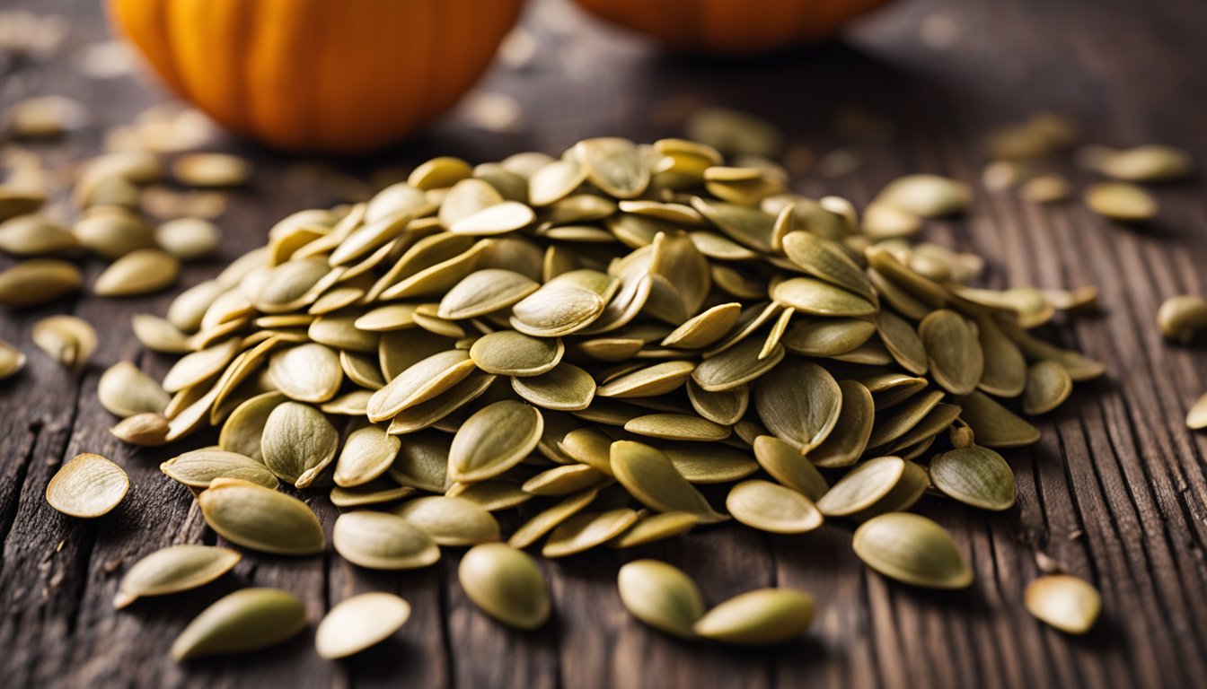 A small pile of pumpkin seeds scattered on a wooden surface, with a few seeds spilling out of a cracked shell
