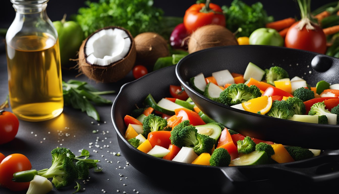 A sizzling pan with coconut oil, surrounded by colorful vegetables and lean protein, emitting a fragrant aroma