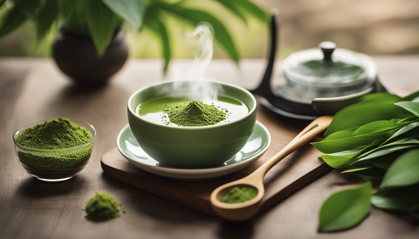 A serene, minimalist kitchen with a steaming cup of matcha on a wooden table, surrounded by fresh green tea leaves and a bamboo whisk