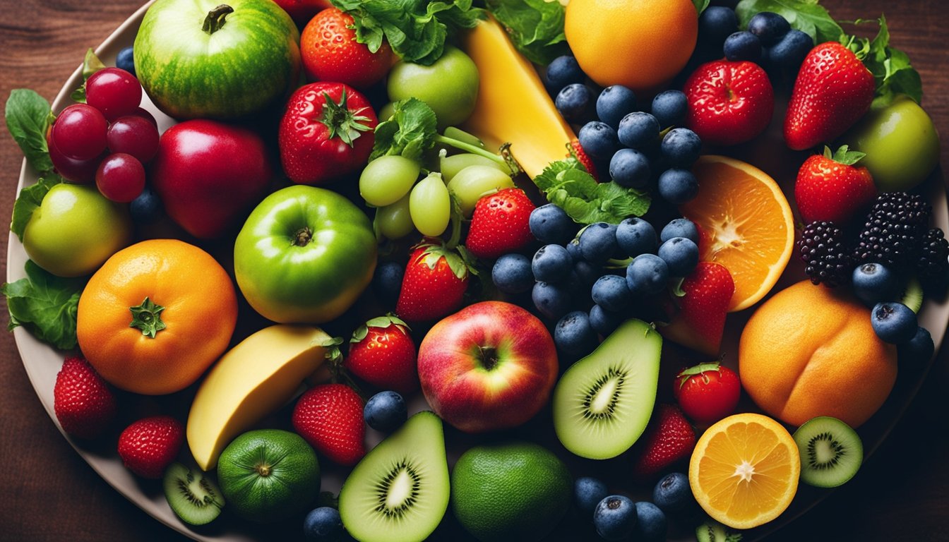 A plate with a variety of colorful fruits and vegetables arranged in an appealing and artistic manner