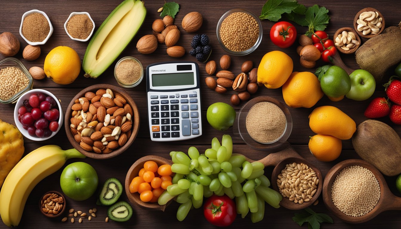A colorful array of fruits, vegetables, nuts, and grains arranged on a rustic wooden table, with a measuring cup and a calculator nearby