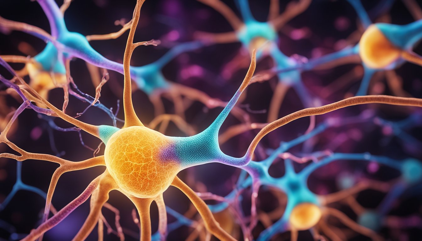 A vibrant, intricate network of neurons and digestive system intertwining, with colorful, nutrient-rich foods flowing through the gut to the brain
