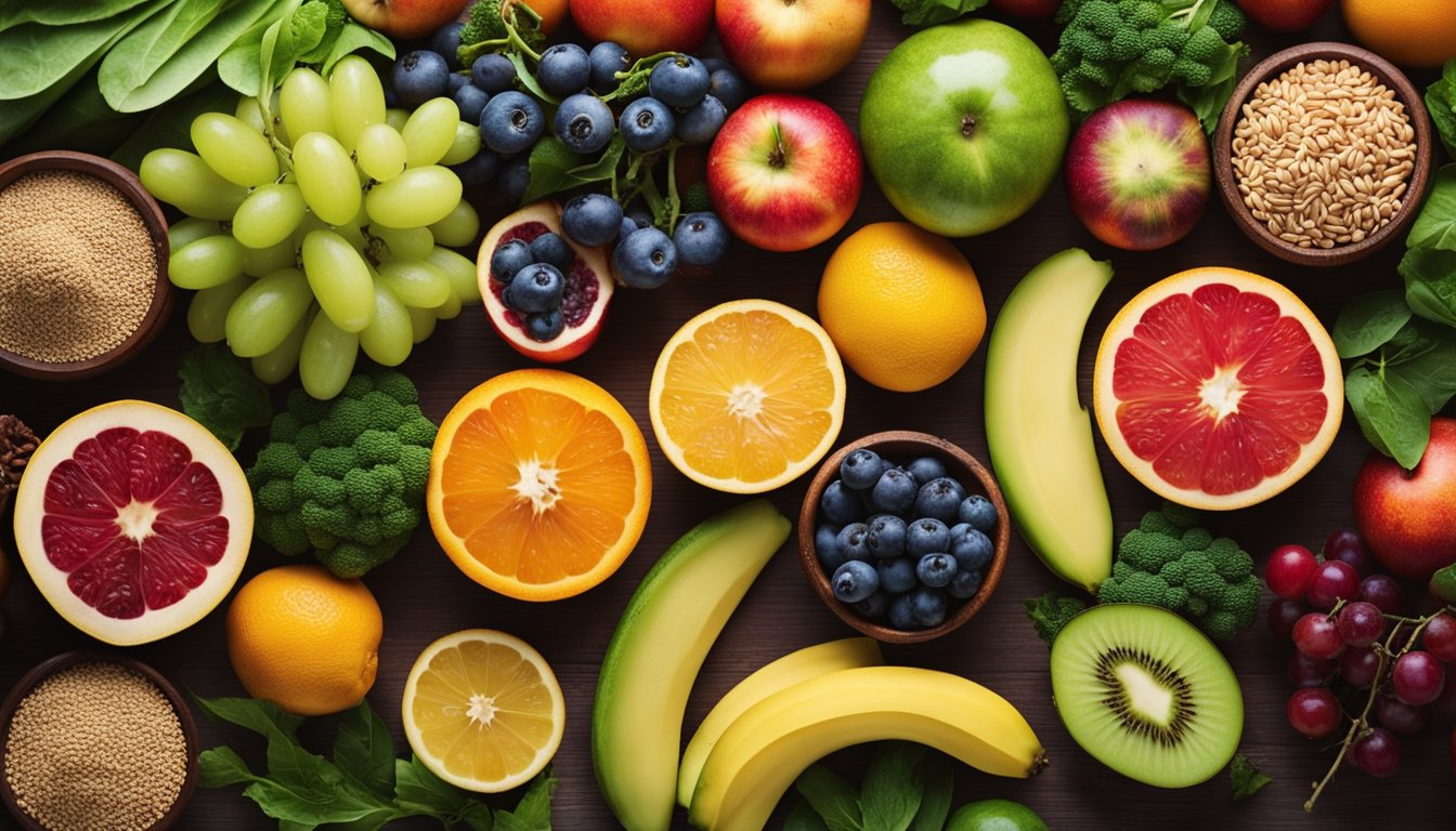 A peaceful, green landscape with a variety of colorful fruits, vegetables, and whole grains arranged in a balanced and harmonious composition