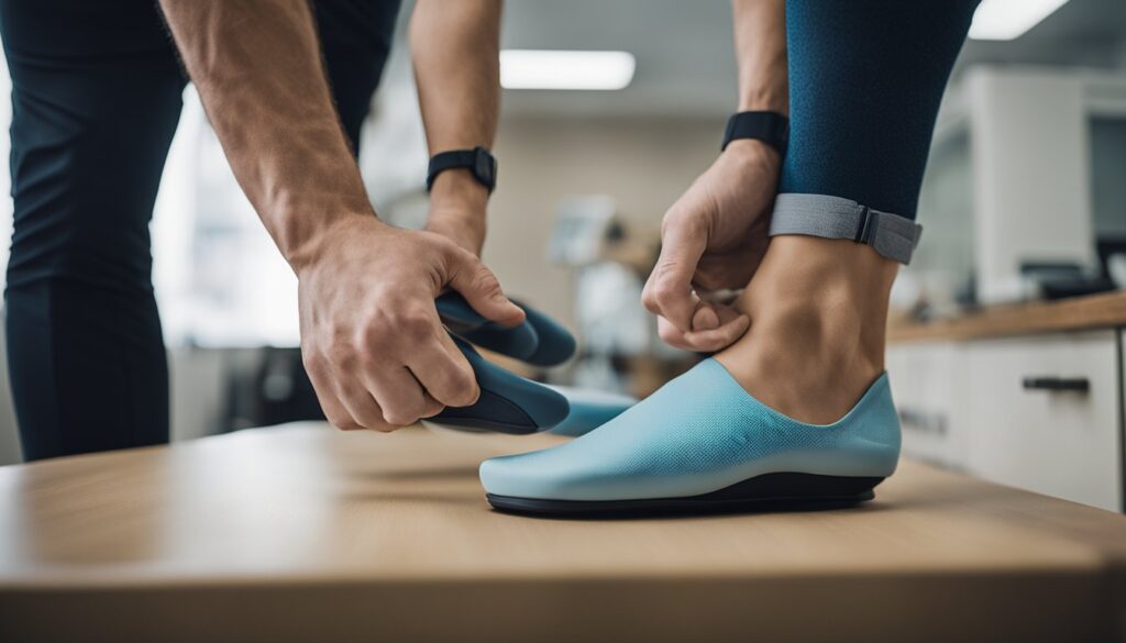 A podiatrist fitting a patient with custom orthotics in London, Ontario
