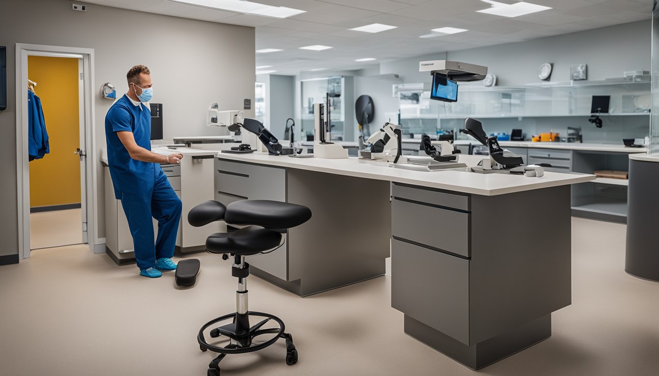 A pedorthist creating custom orthotics in a bright, modern clinic in London, Ontario. Specialized equipment and materials are neatly organized on the workbench