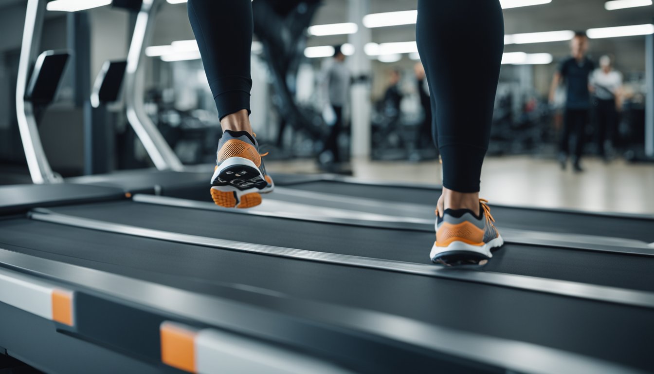 A person walking on a treadmill while being analyzed by motion capture cameras and sensors. A technician adjusts custom orthotics