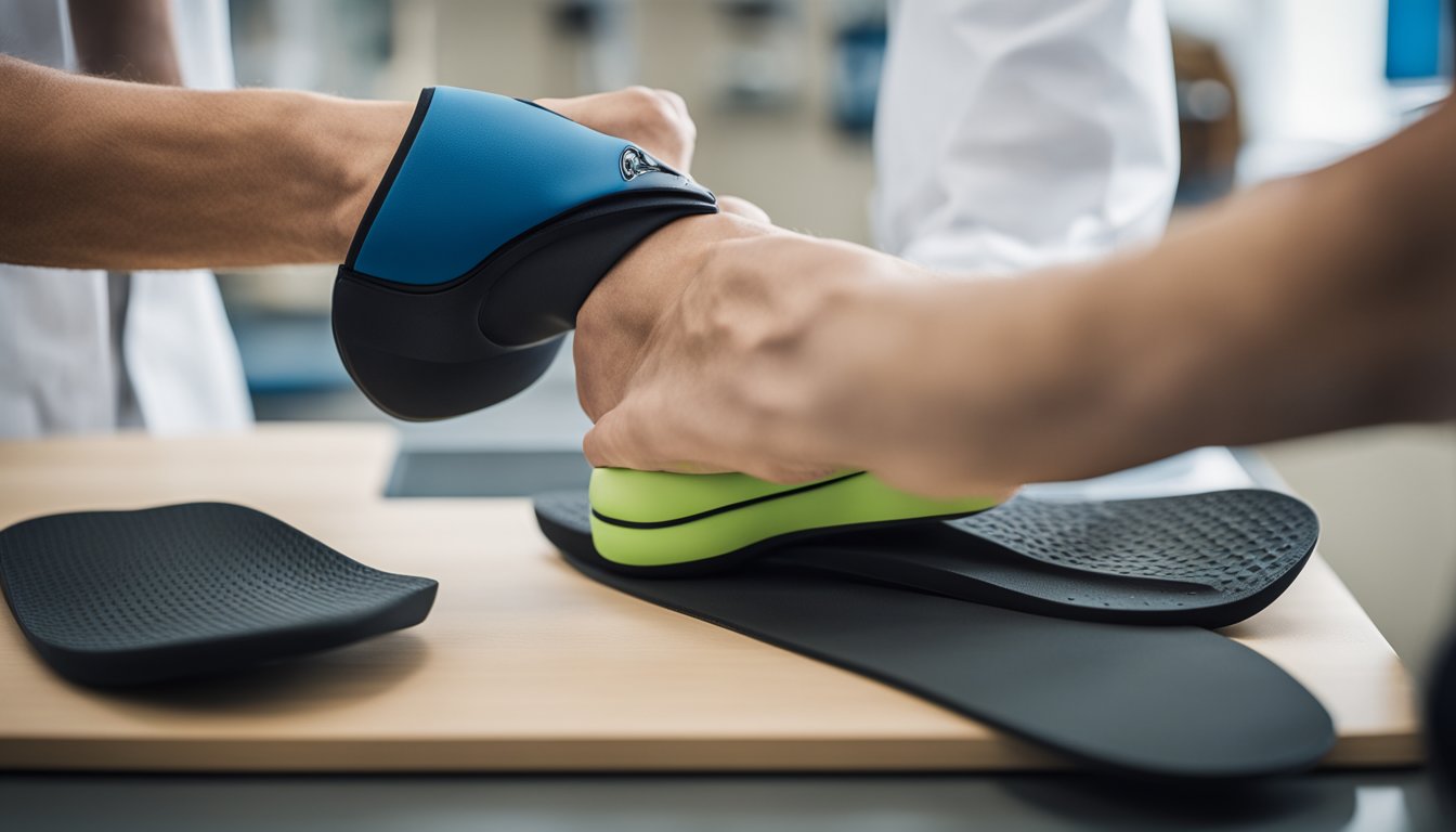 A person trying on different custom foot orthotics at a specialized clinic in London, Ontario