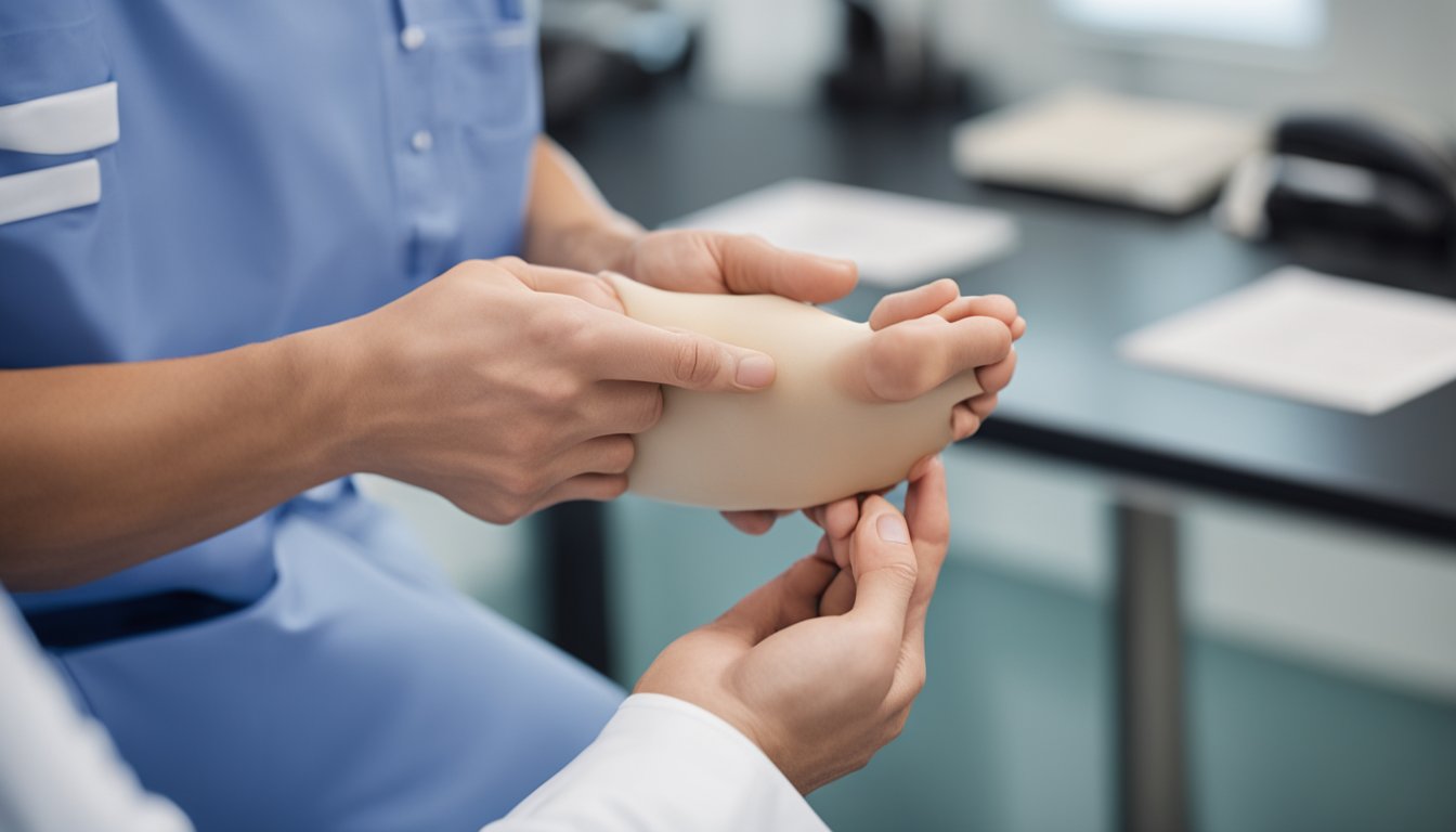 A podiatrist examining a patient's foot and prescribing custom orthotics