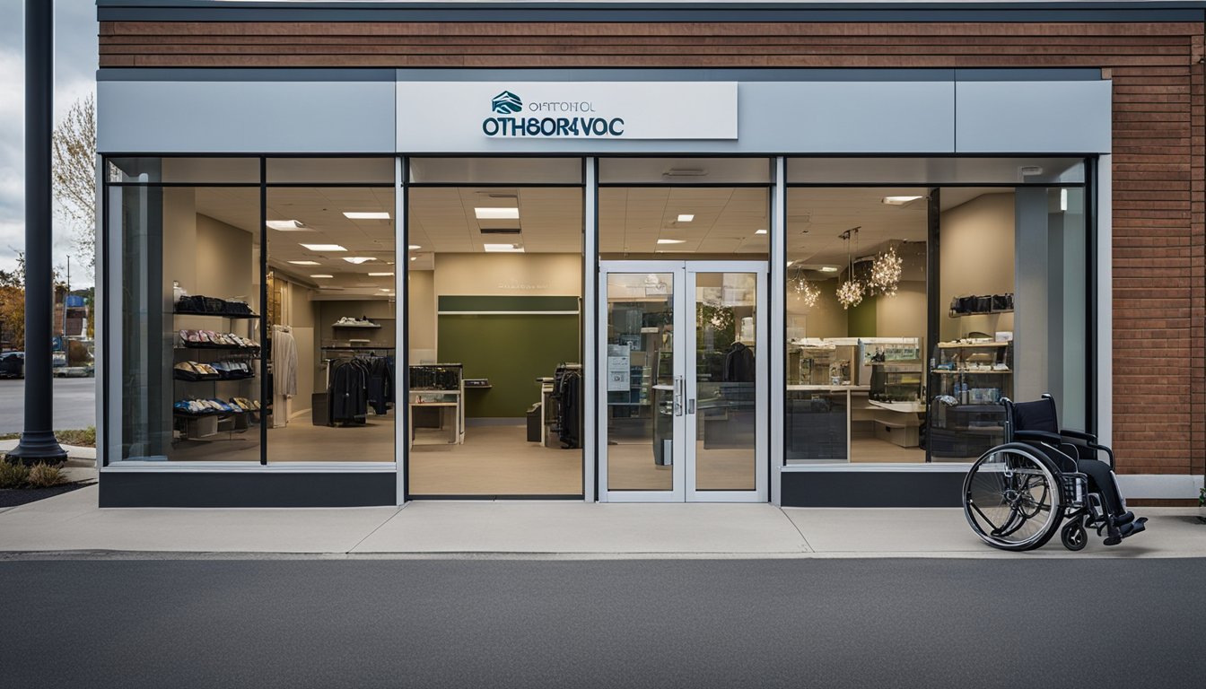 A storefront in London, Ontario with a wheelchair ramp and wide entrance. Display window showcases custom orthotic products. Nearby parking lot with accessible spaces