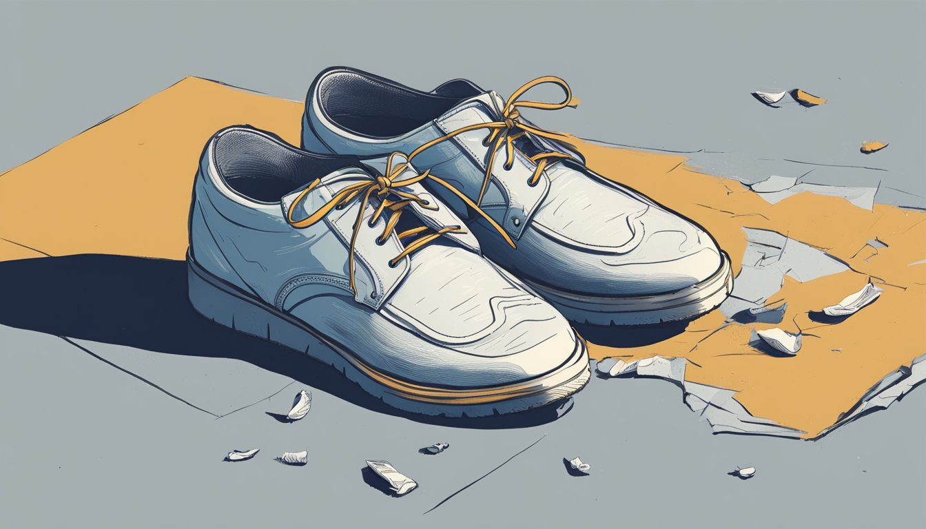 A pair of worn-out, ill-fitting shoes discarded on the floor next to a foot-shaped outline drawn in pain