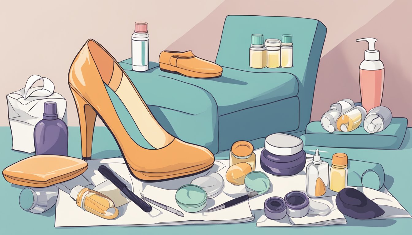 A pile of worn high heels next to a foot-shaped cushion, surrounded by foot care products and a chart showing foot pain causes