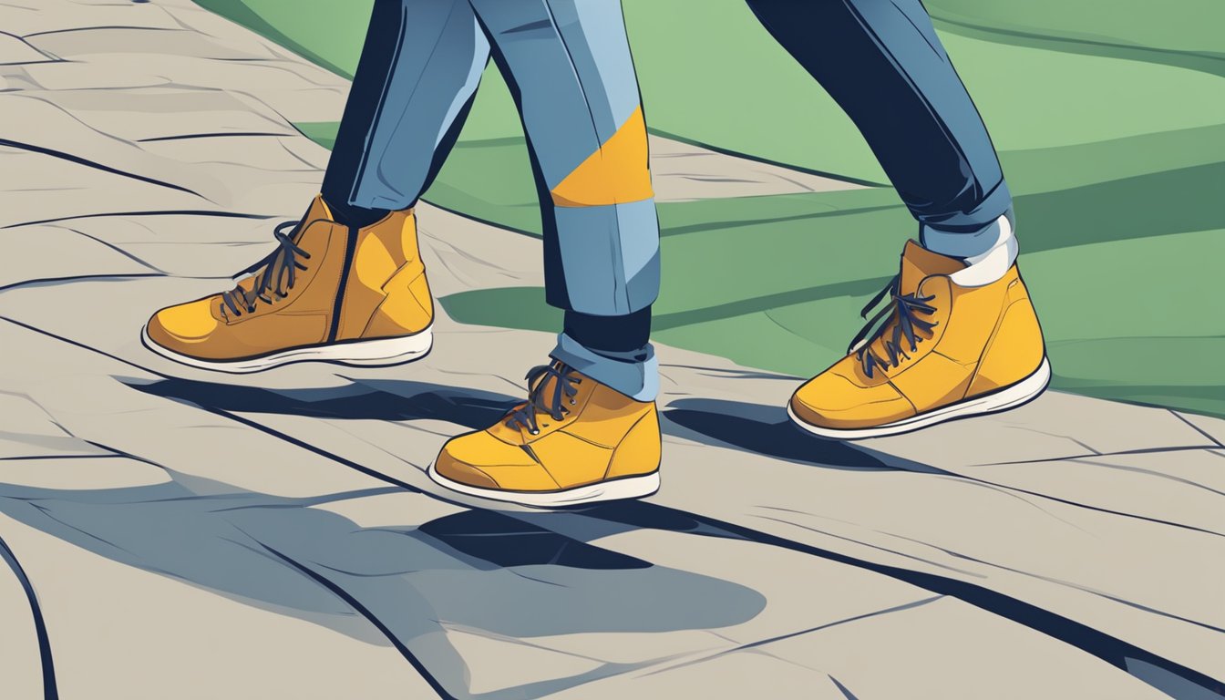 A person walking with improper footwear on uneven surfaces