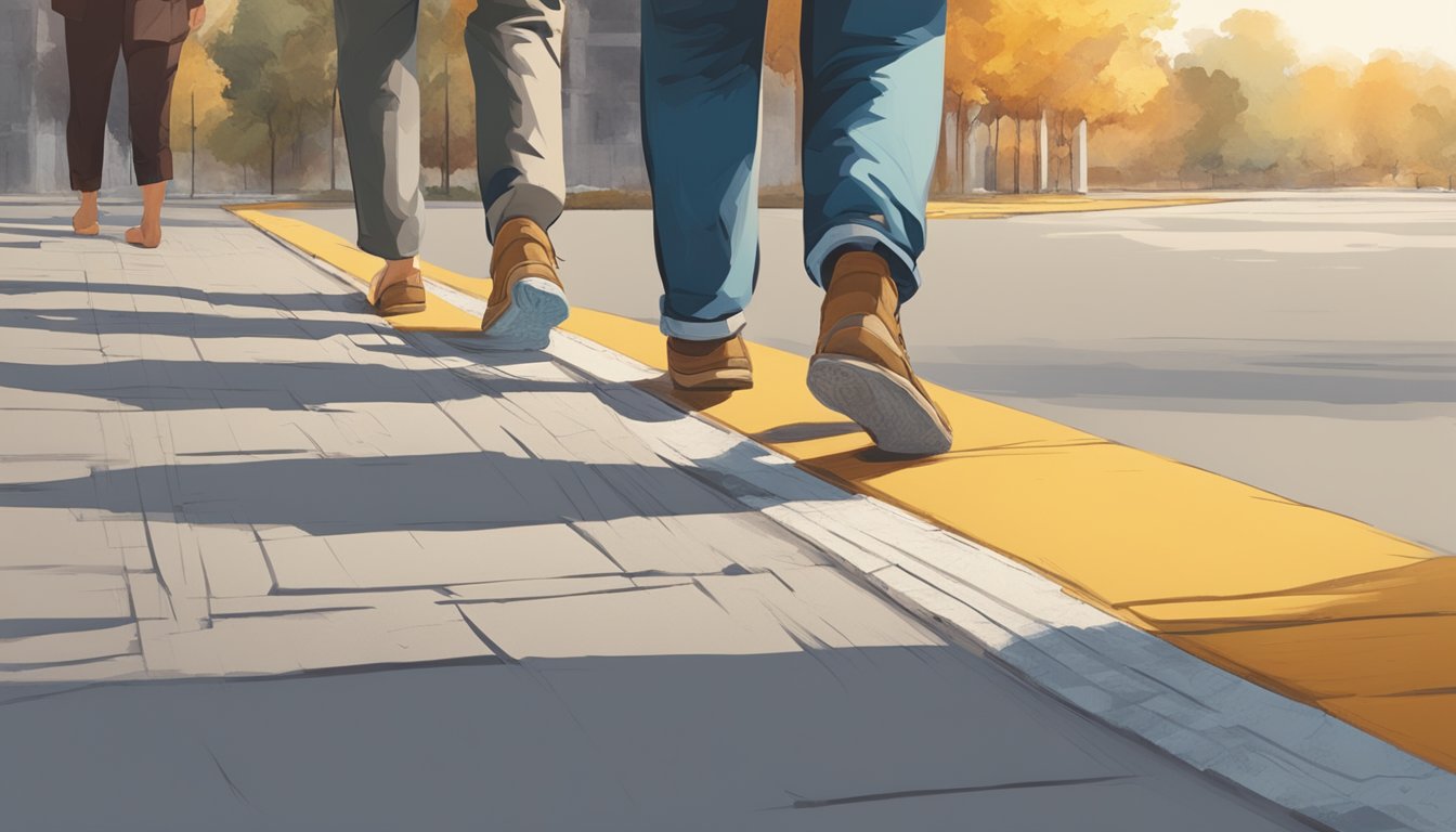A pair of bare feet walking on a concrete sidewalk, with various hard surfaces and uneven terrain ahead