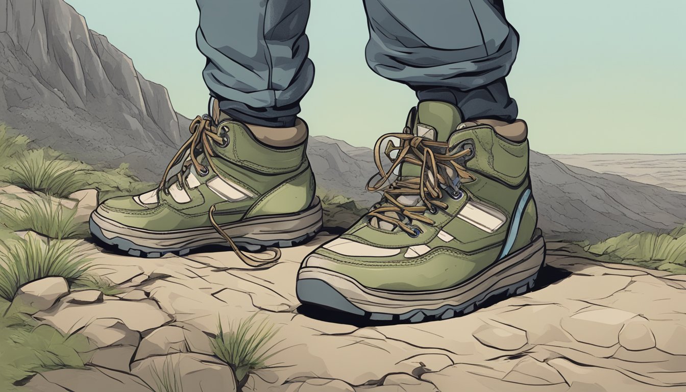 A person wearing worn-out shoes while standing on hard, uneven ground