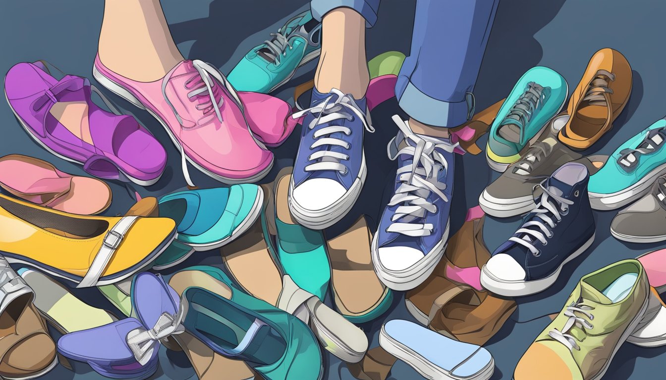 A person's feet in uncomfortable shoes, surrounded by discarded high heels, flip flops, and worn-out sneakers