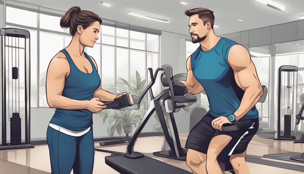 A personal trainer guiding a client through a variety of exercises, providing encouragement and support