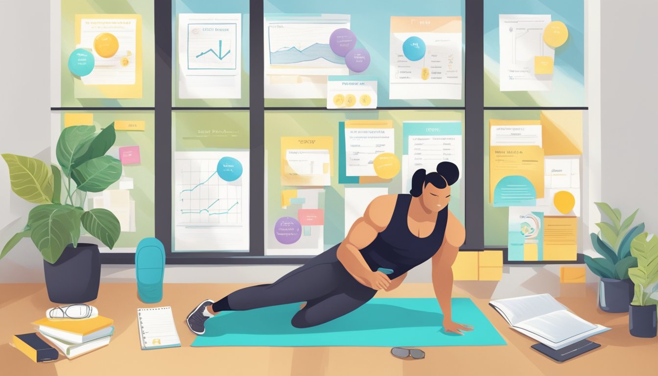 A personal trainer motivates a client with a vision board, workout plan, progress chart, and positive affirmations in a bright, organized gym setting