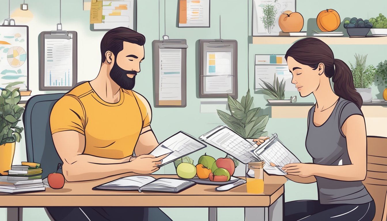 A personal trainer discussing nutrition and meal planning with a client, surrounded by charts, food journals, and exercise equipment