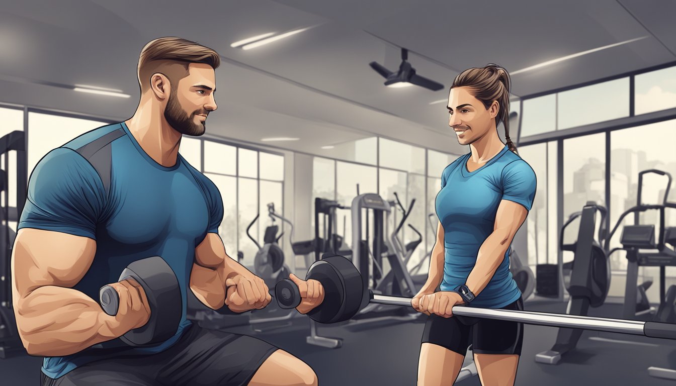 A personal trainer demonstrates support by guiding a client through a challenging workout, offering encouragement and motivation
