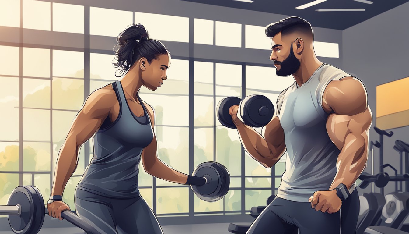 A personal trainer guiding a client through a challenging workout, offering encouragement and support. The client is sweating and pushing themselves to reach their fitness goals