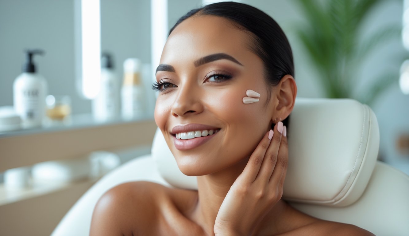 A smiling woman gently touching her cheek in a bright, modern beauty clinic.