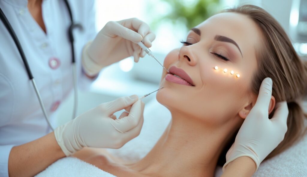 A woman receiving a non-surgical facial rejuvenation treatment from a beautician in a modern clinic.