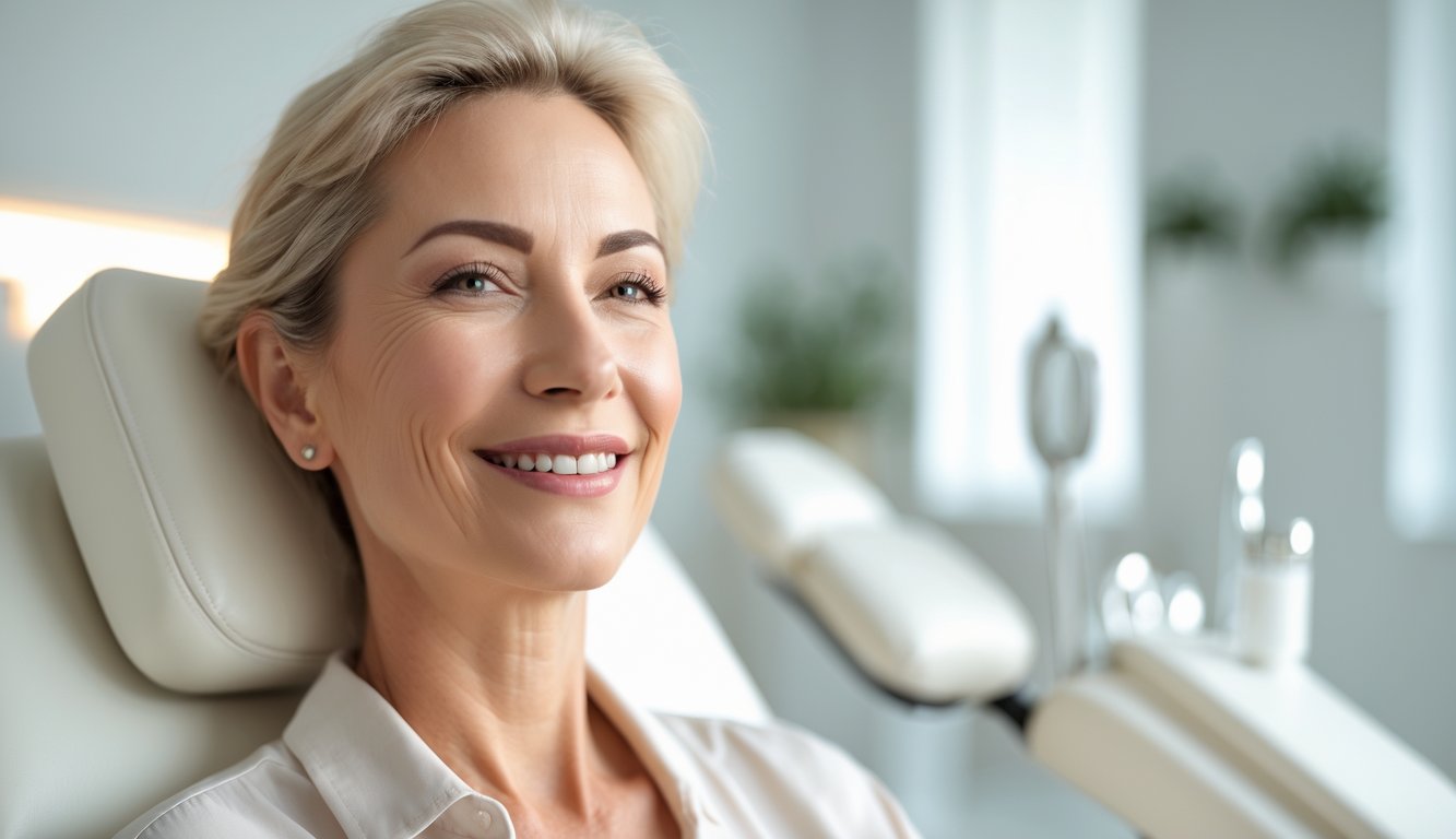 A middle-aged woman with smooth, lifted skin smiling in a modern beauty clinic.