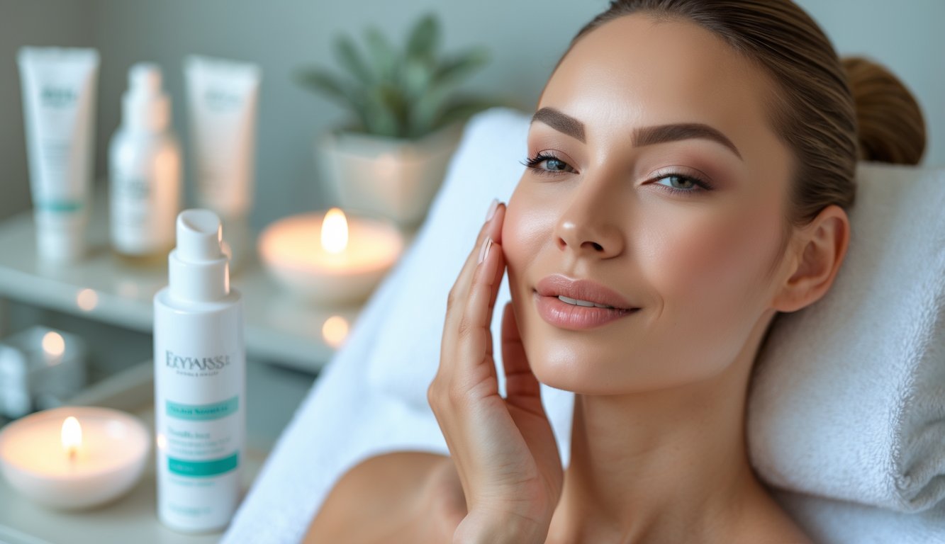 A woman with clear skin gently touching her cheek in a bright, modern beauty clinic setting.