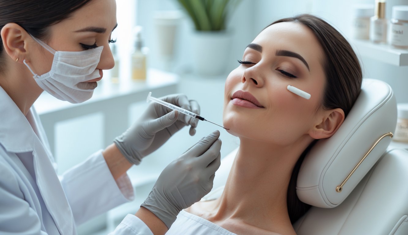 A woman receiving a dermal filler treatment from a practitioner in a bright beauty clinic.
