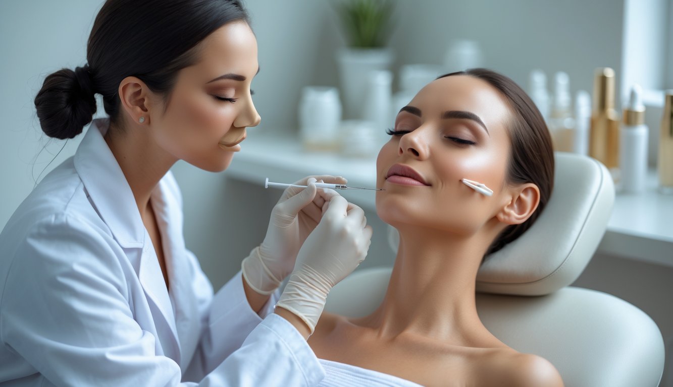 A woman receiving a dermal filler treatment from a professional in a modern beauty clinic.