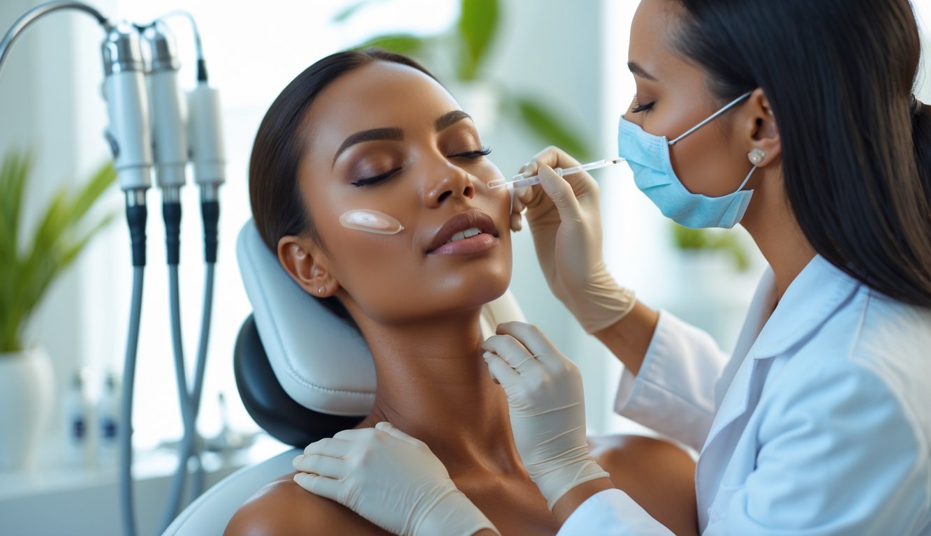 A woman receiving a dermal filler treatment from a professional in a bright beauty clinic.
