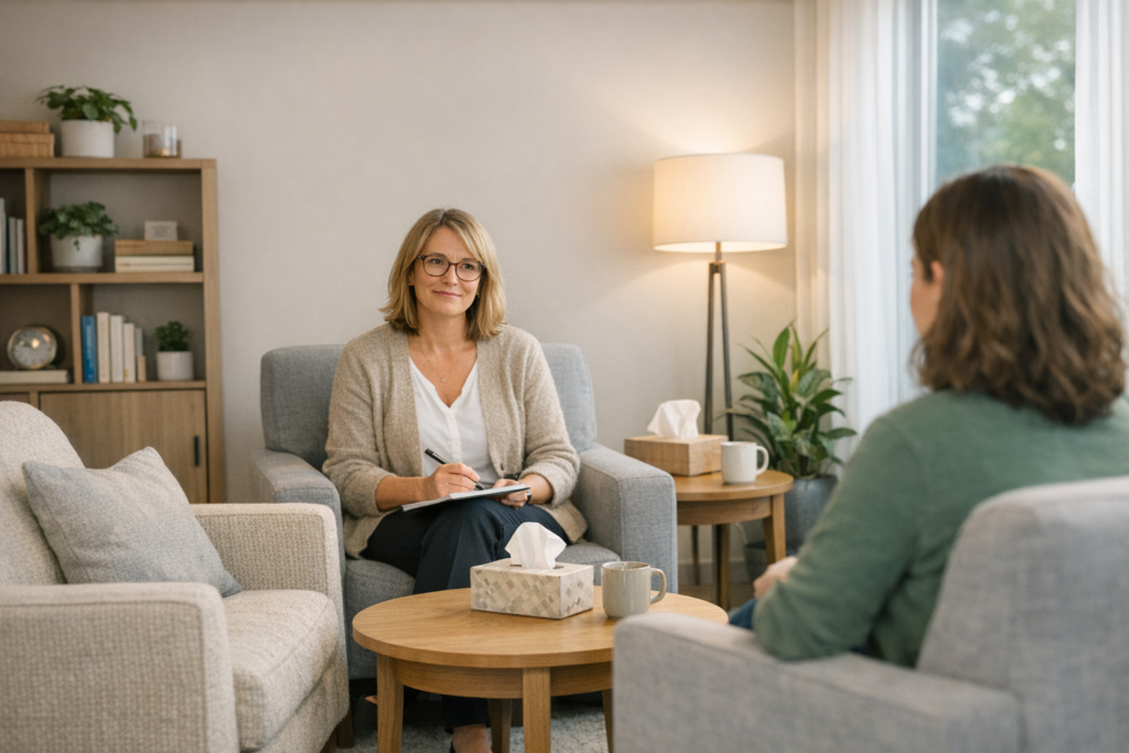 Therapist sitting with patient